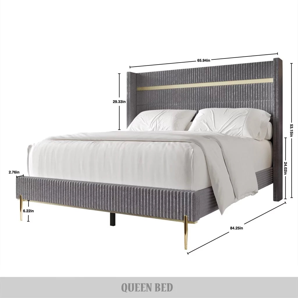 Gold PU Strip Wingback Velvet Upholstered Bed Black, Full U7443