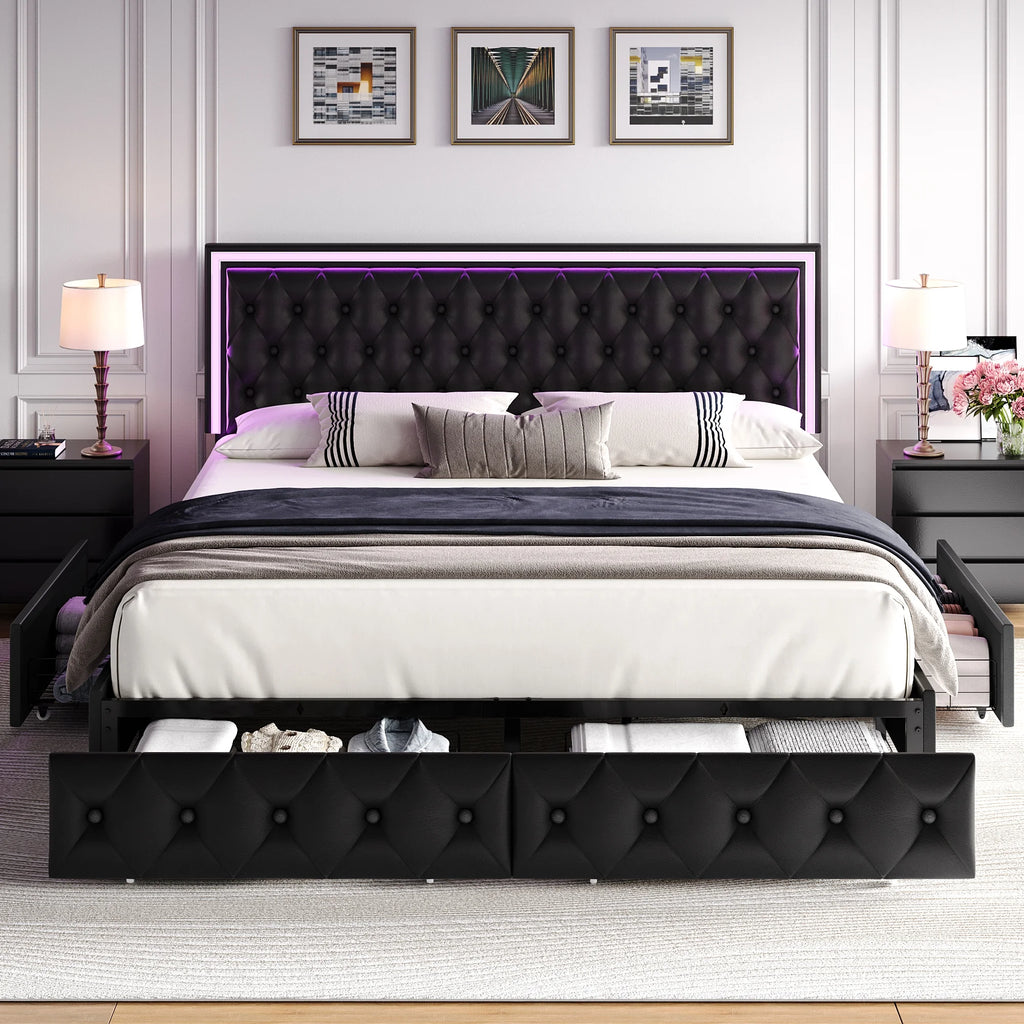 Queen LED Platform Bed Frame with 4 Storage Drawers L43419