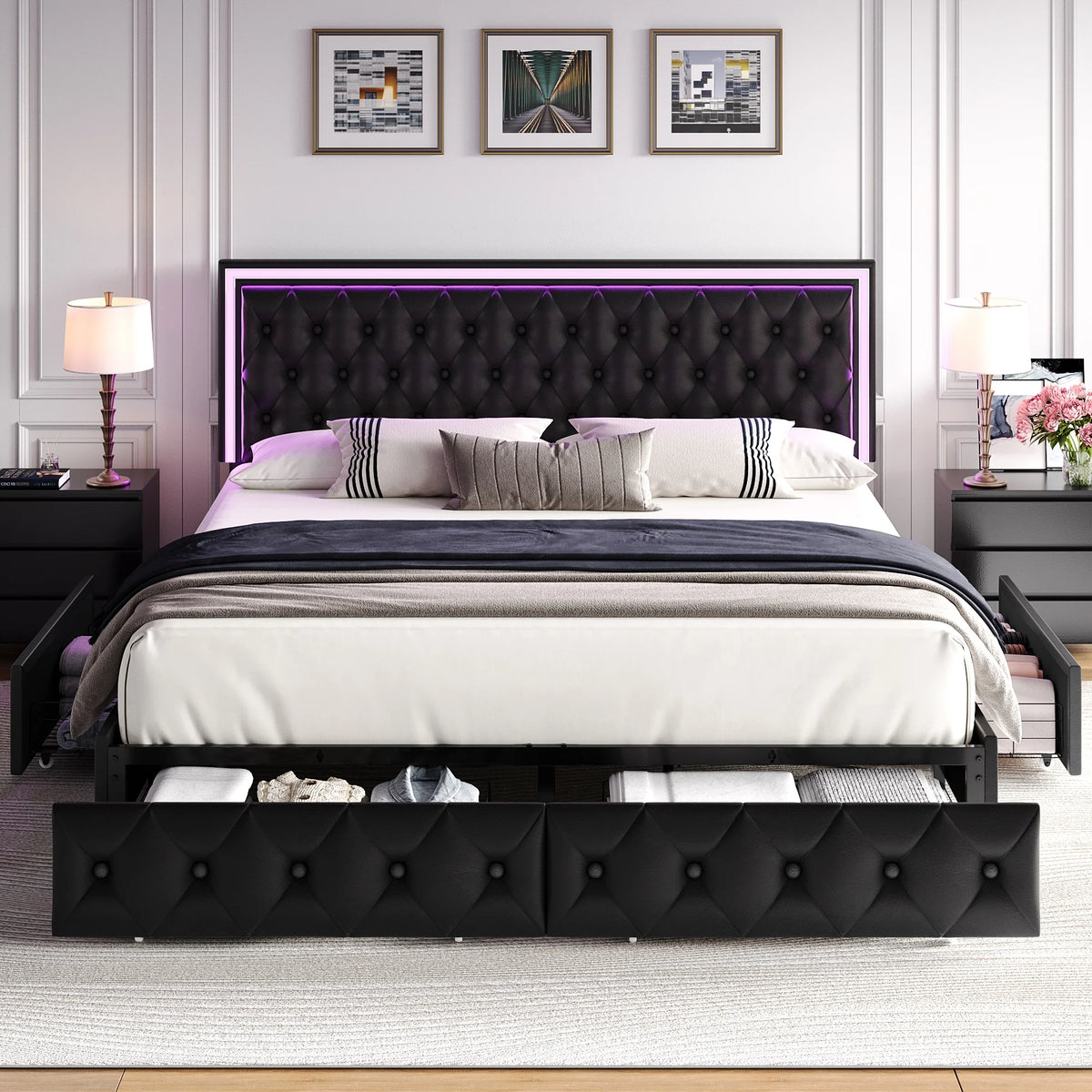 Queen LED Platform Bed Frame with 4 Storage Drawers L43419