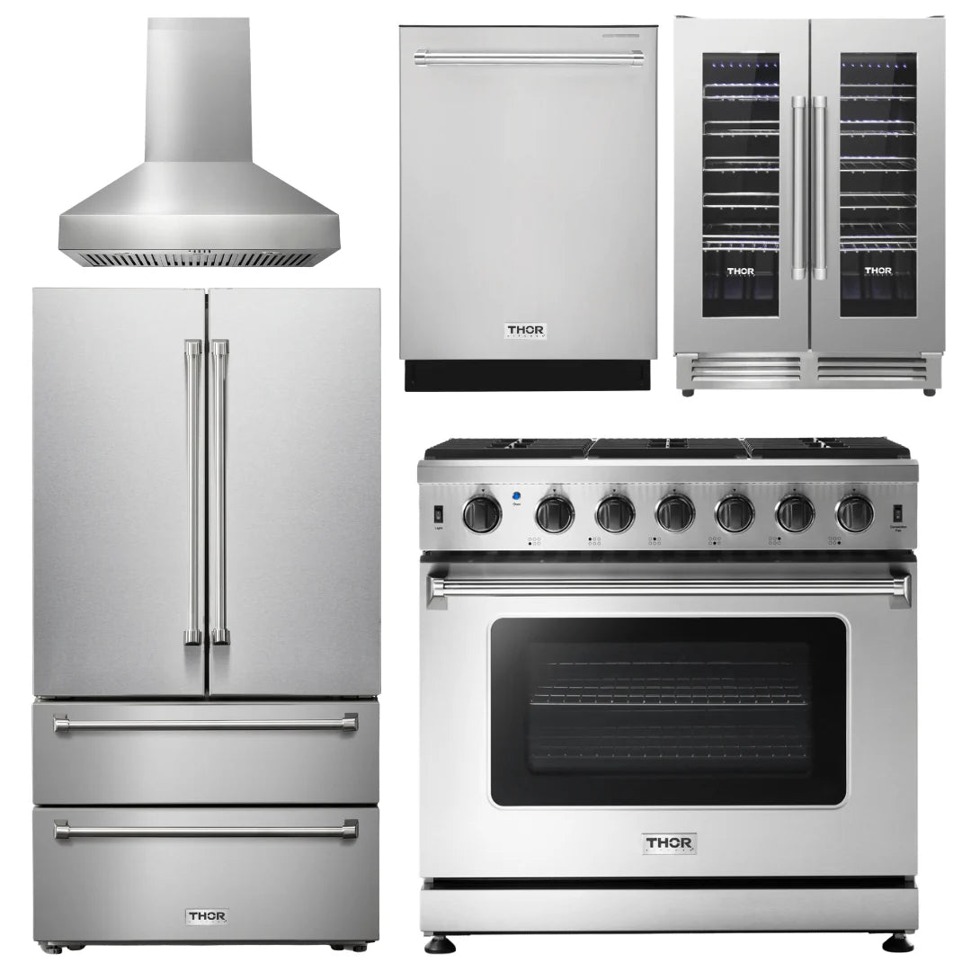 36 Gas Range, Range Hood, Refrigerator, Dishwasher, Wine Cooler B338