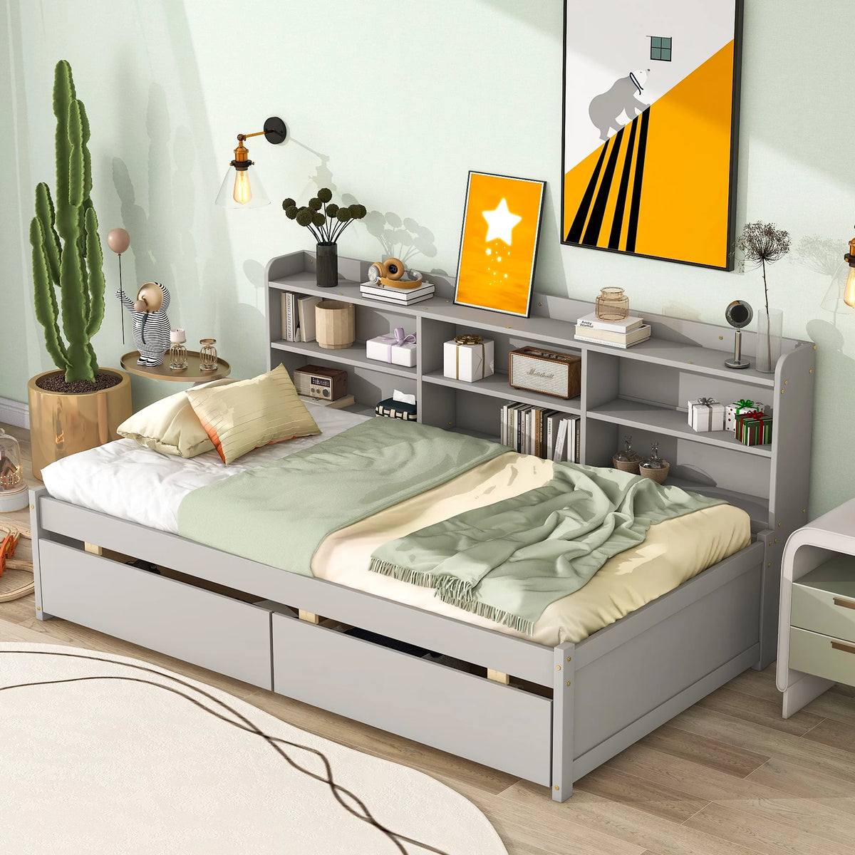 Twin Size Platform Bed with Bookcases and Drawers Gray J435