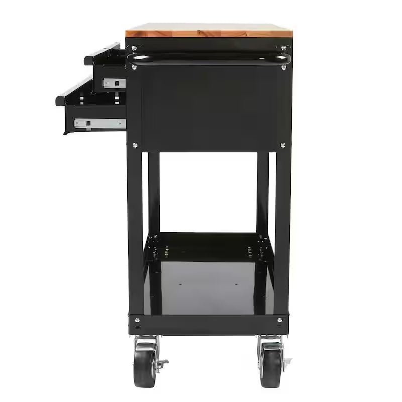 3-Drawer Gloss Black Rolling Tool Cart with Hardwood Top E1834
