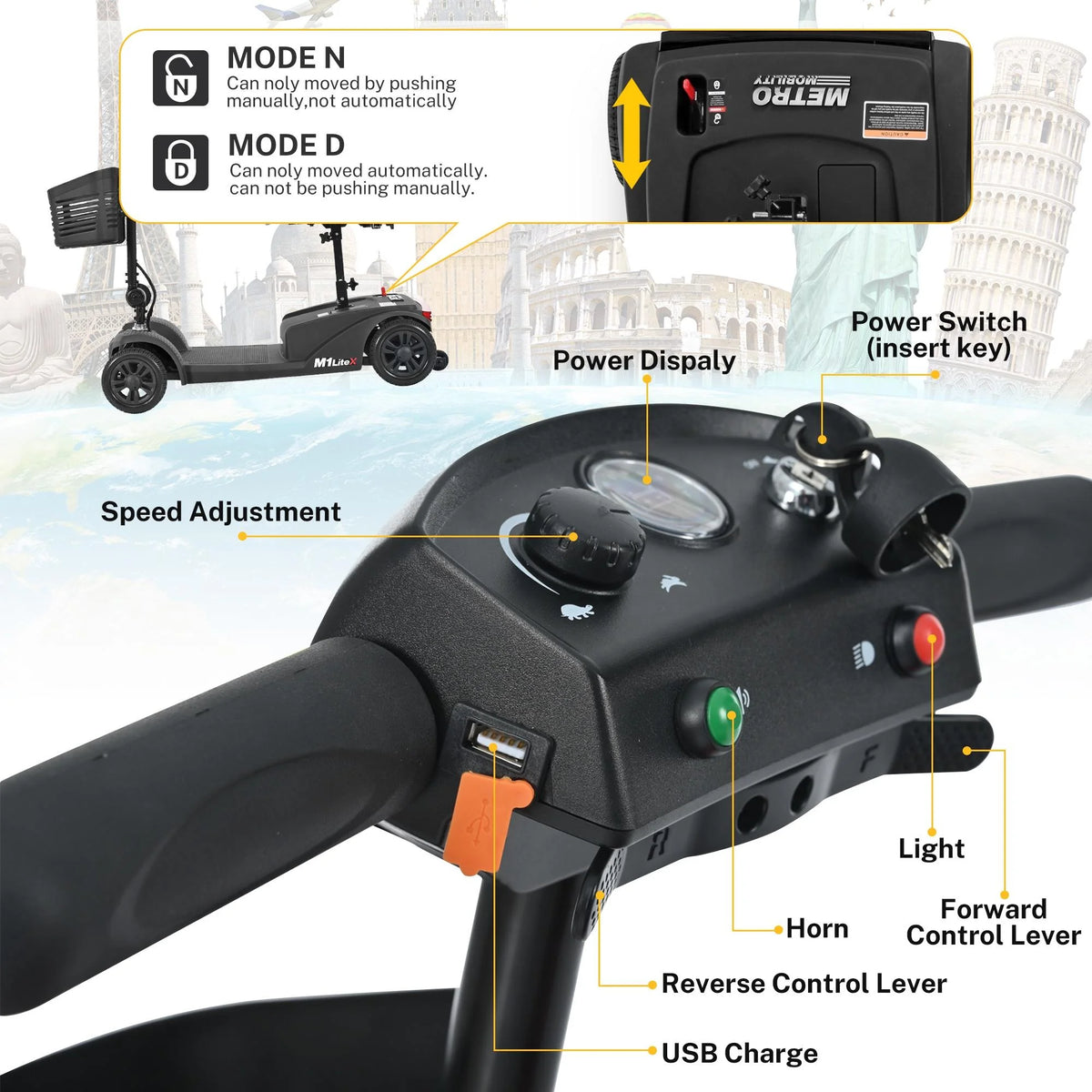 Heavy Duty 4-Wheel Mobility Scooter with Front & Rear Light, Black H948