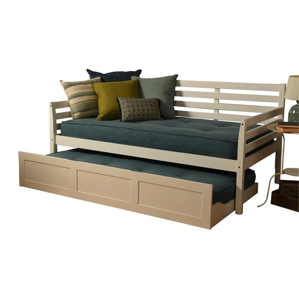White Daybed and Trundle with Linen Aqua Mattresses Q6499