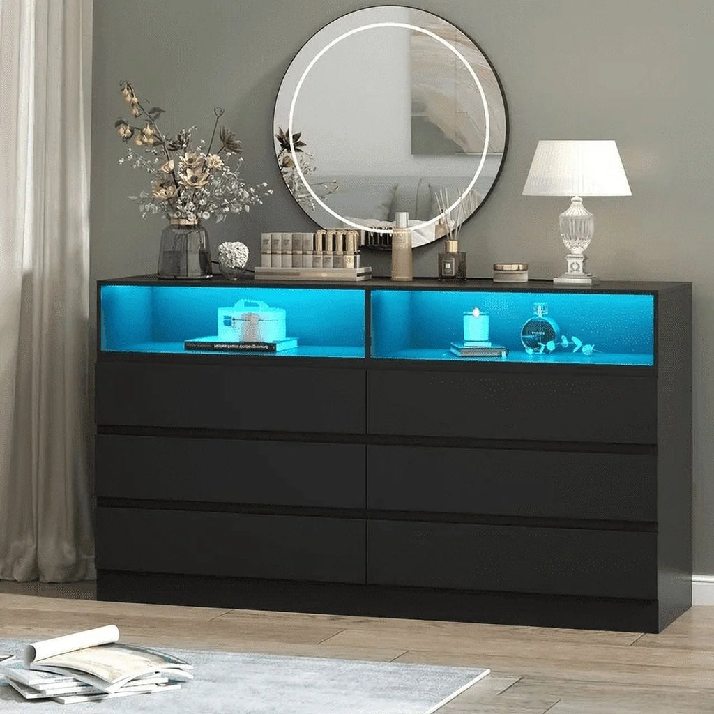 White 6 Drawer Double Dresser with Power Outlet and LED Light Z76938