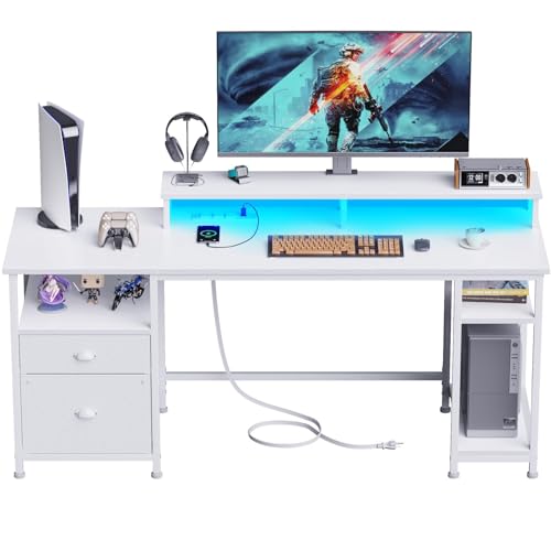 61" Computer Desk with Power Outlet and LED Lights N22195