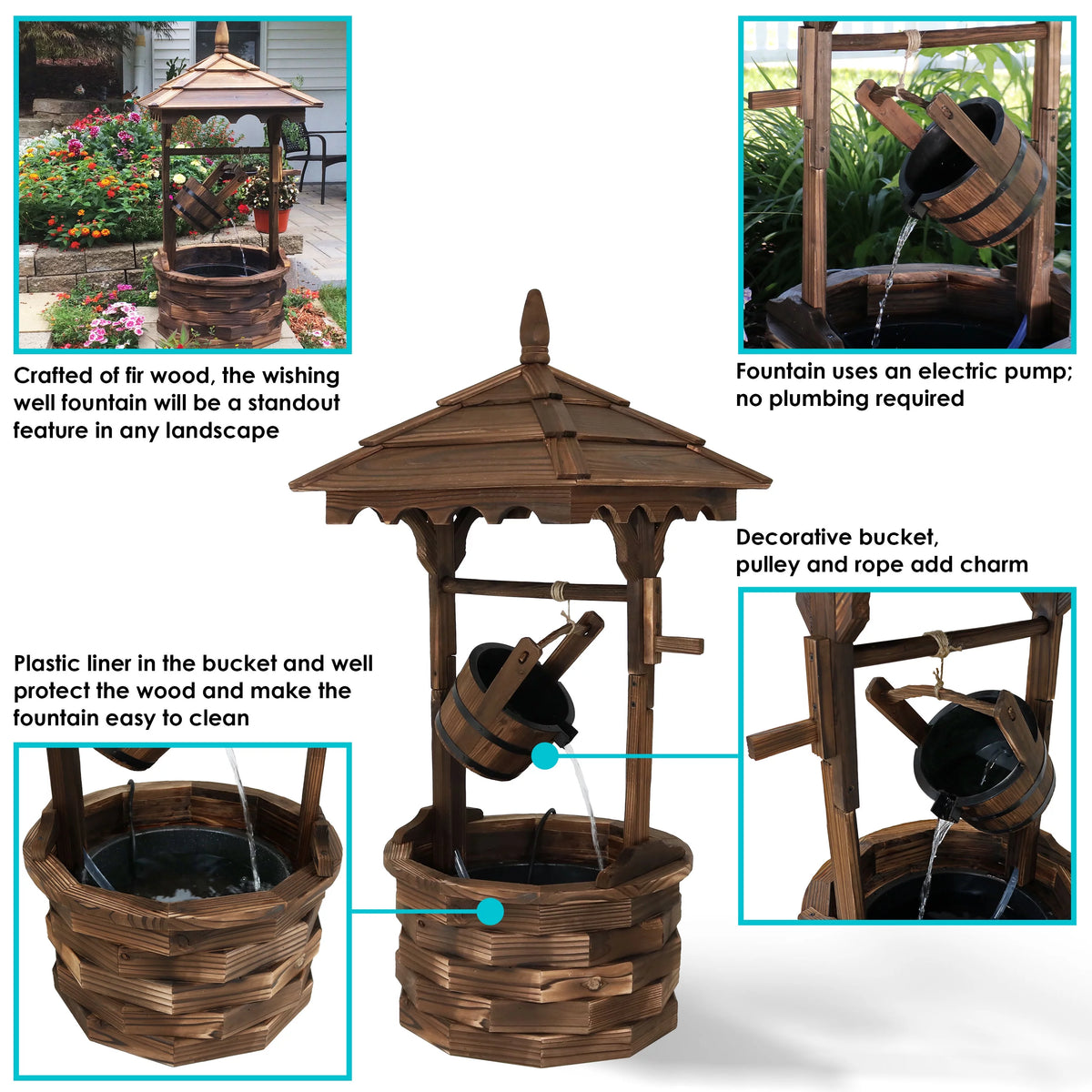 Wood Wishing Well Fountain with Liner 48" H B7984