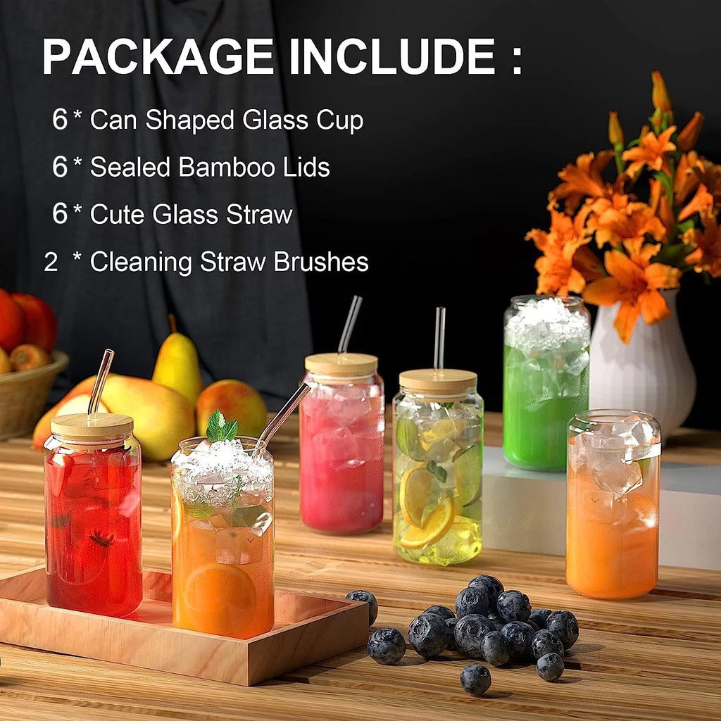 6 Pc 16 oz Glass Cups with Bamboo Lids and Glass Straws T3345