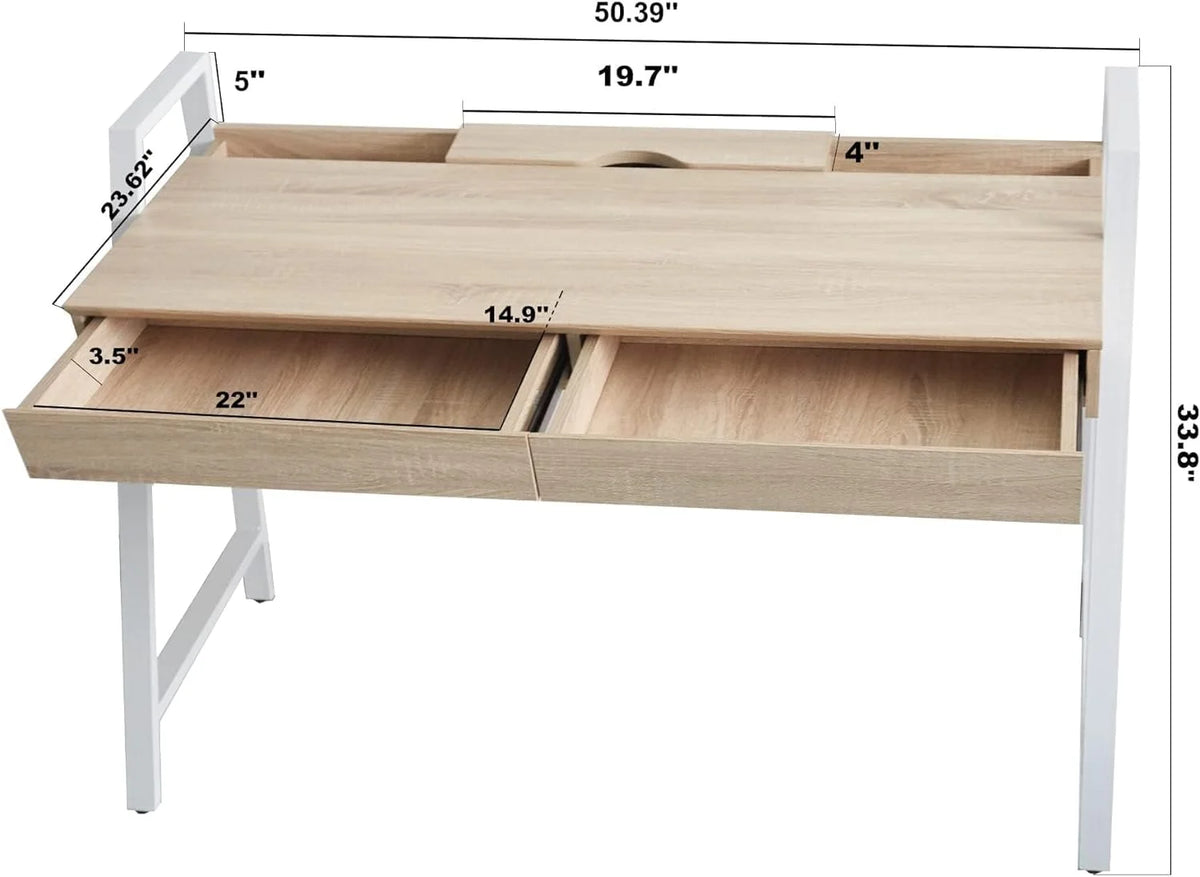 White Wood Computer Desk with Monitor Shelf and Drawers O578