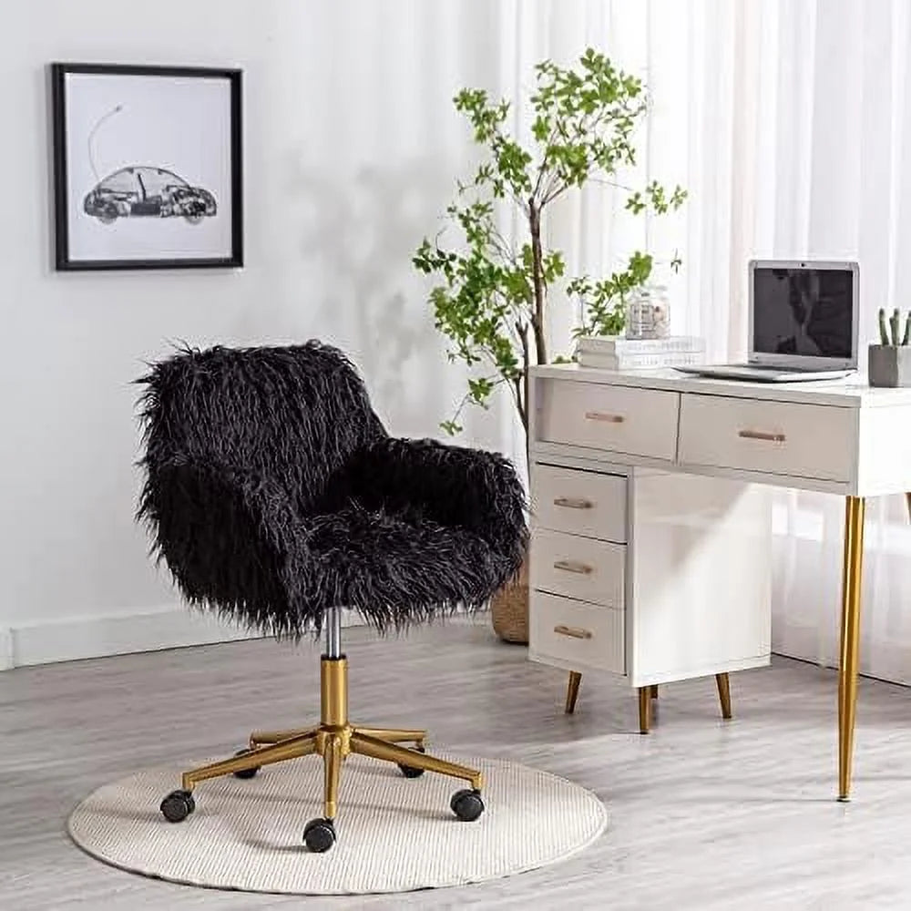 Fluffy Faux Fur Swivel Desk Chair with Wheels U62856