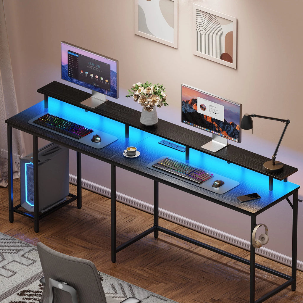Black L Shaped Desk with Outlets USB Ports and Storage Shelves Y24022