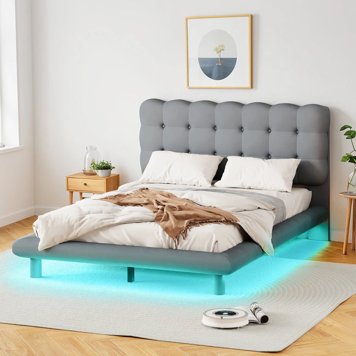 Queen Size Upholstered Platform Bed Frame with LED Light U6561