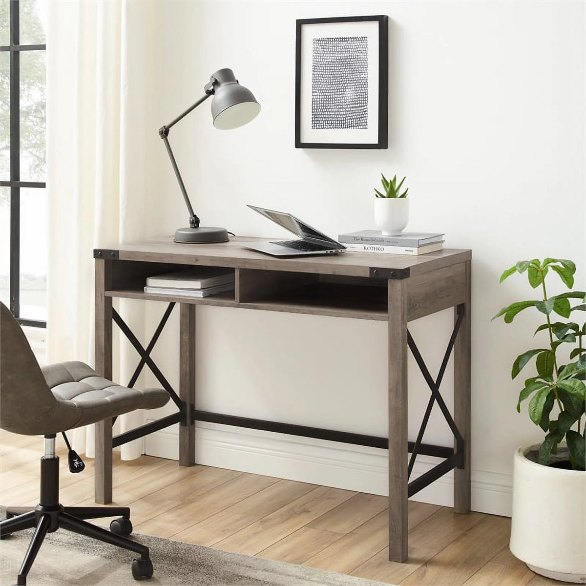 42" Metal and Wood Desk in Gray Wash Q692
