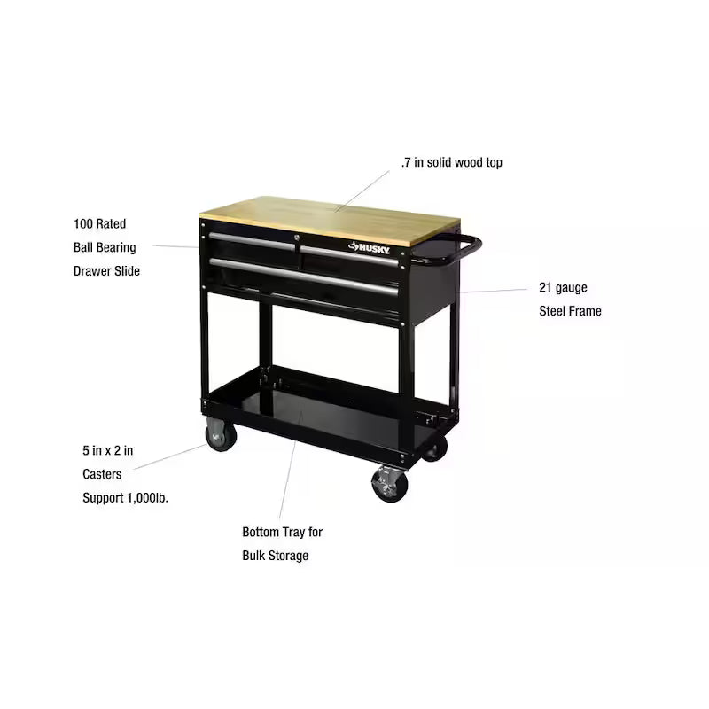 3-Drawer Gloss Black Rolling Tool Cart with Hardwood Top E1834