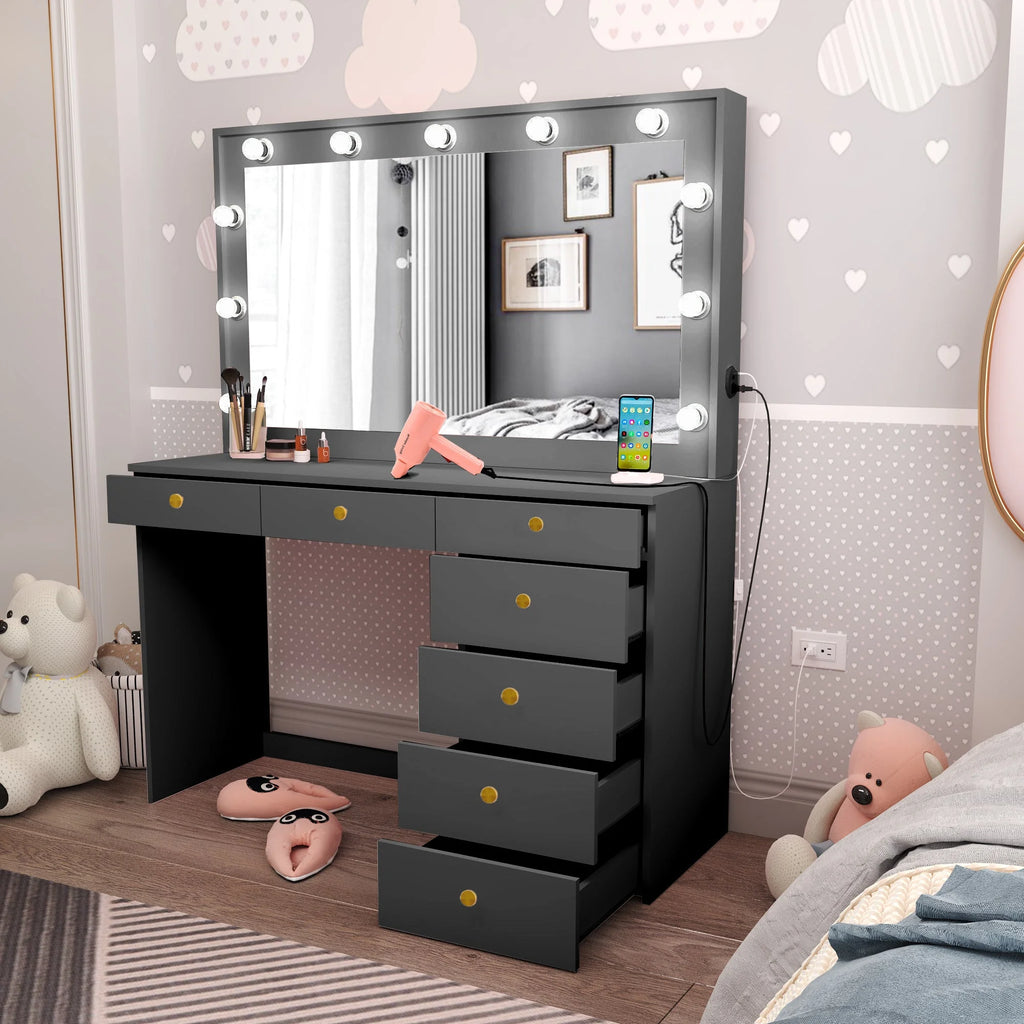 Black Painted Makeup Vanity Table with Light Bulbs G495
