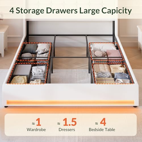 Queen Size White Velvet Upholstered Platform Bed Frame with 4 Storage Drawers P144410