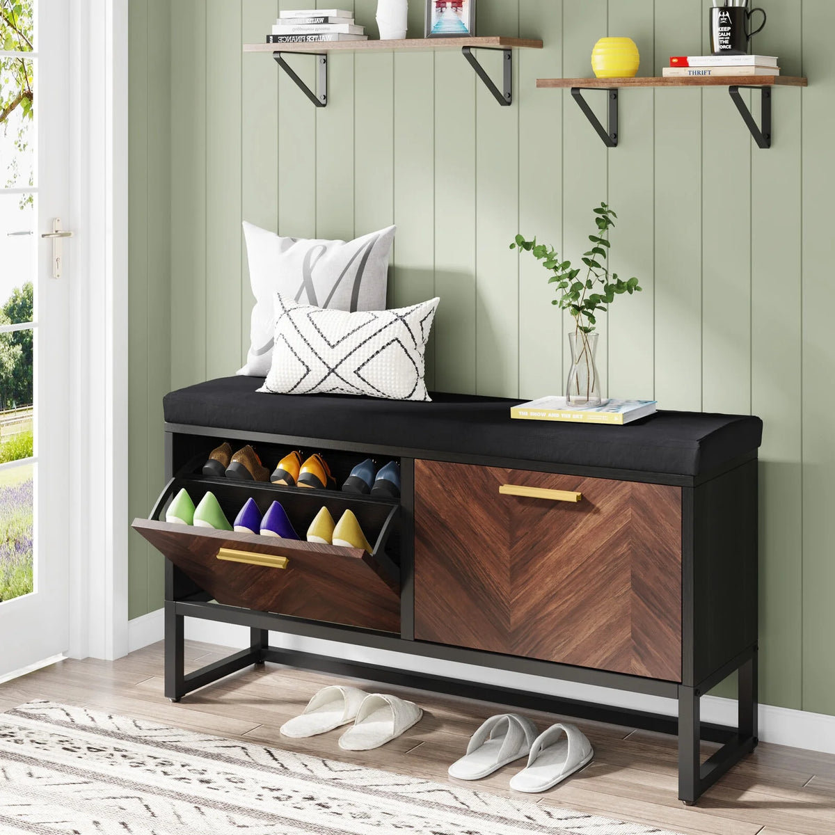 Shoe Storage Bench with Cushion & 2 Flip Drawers H9782