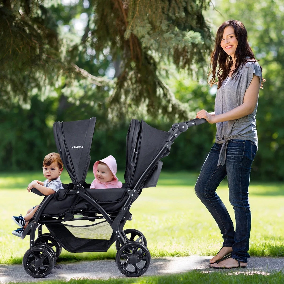 Double Stroller Foldable Lightweight Black G496776