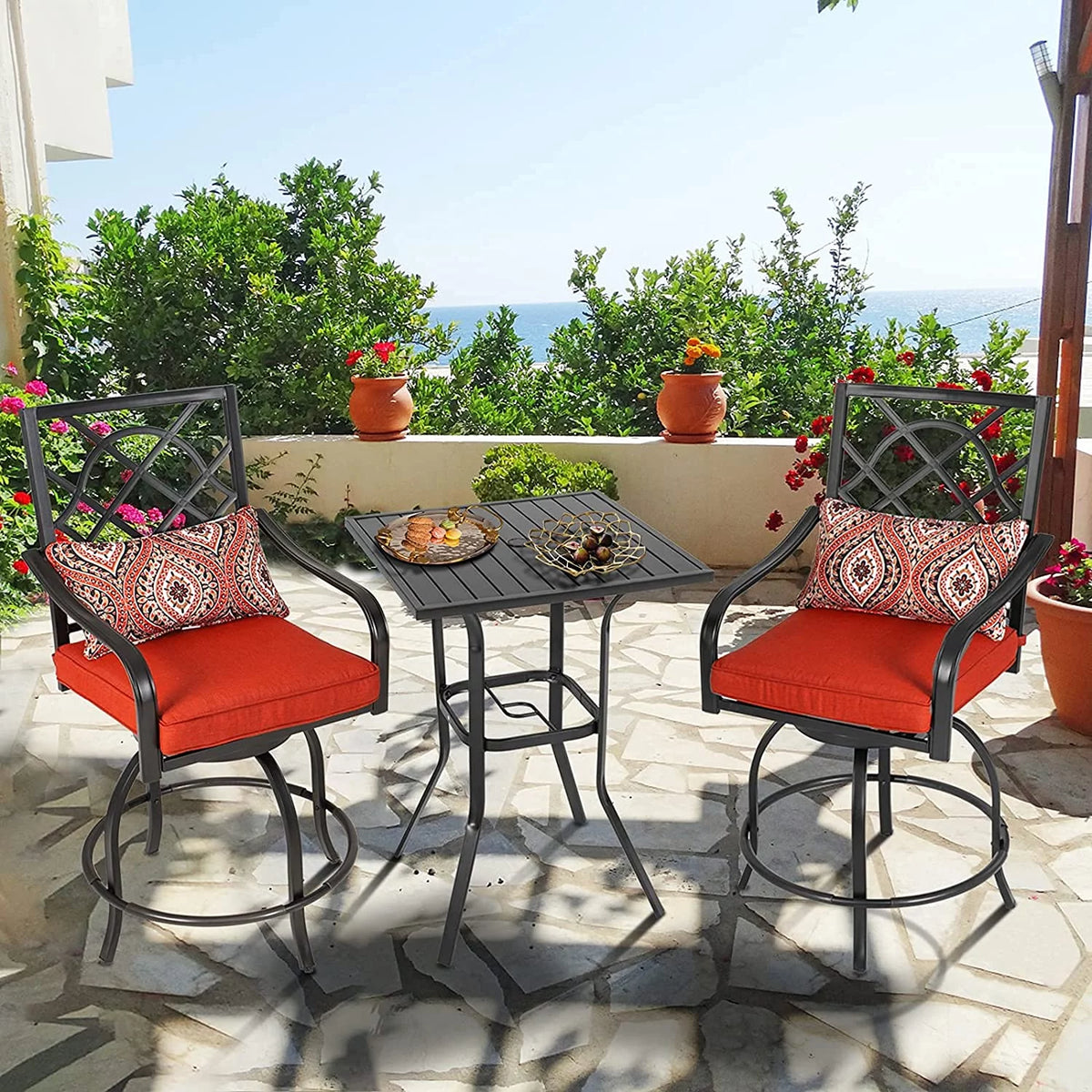 3 Pieces Outdoor Bar Height Bistro Set with Swivel Stools and Table, Black P28995