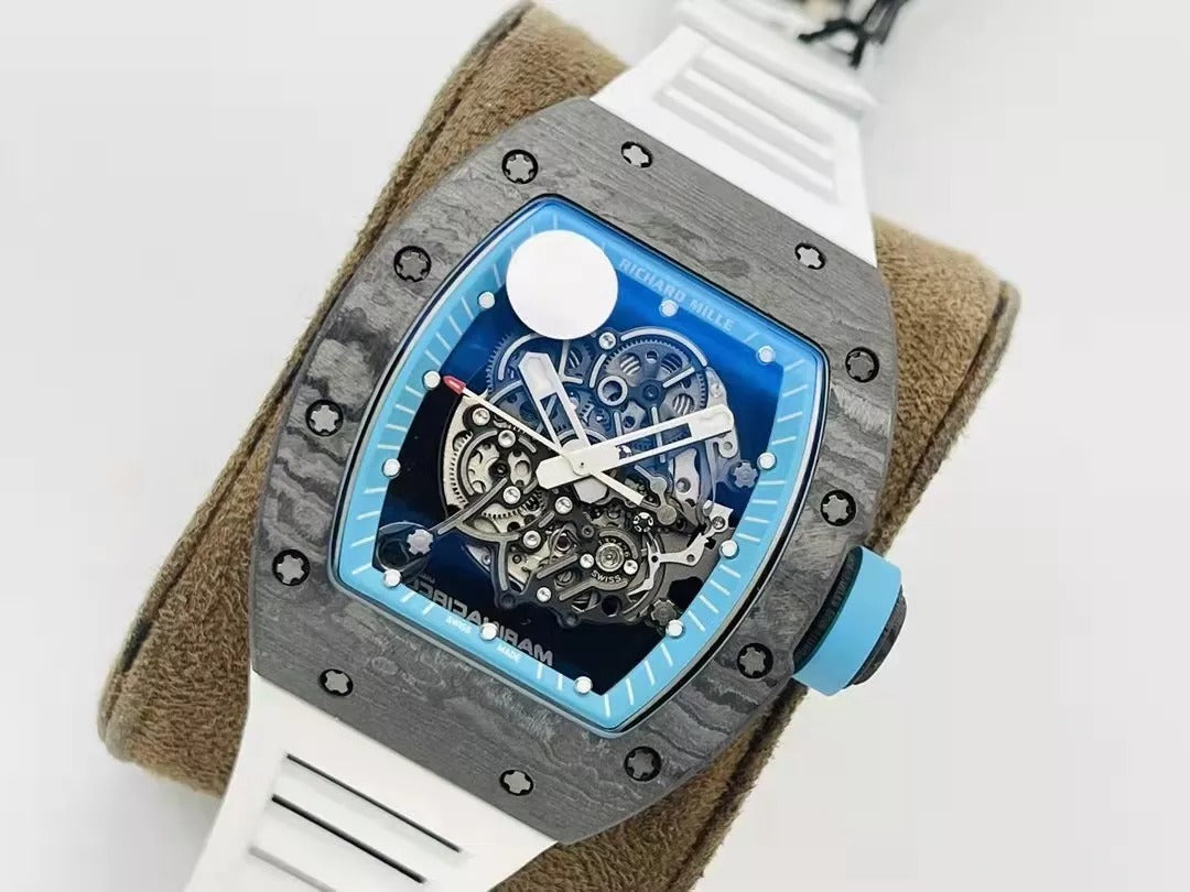Skeleton Blue Dial Black Bezel White Rubber Strap W916