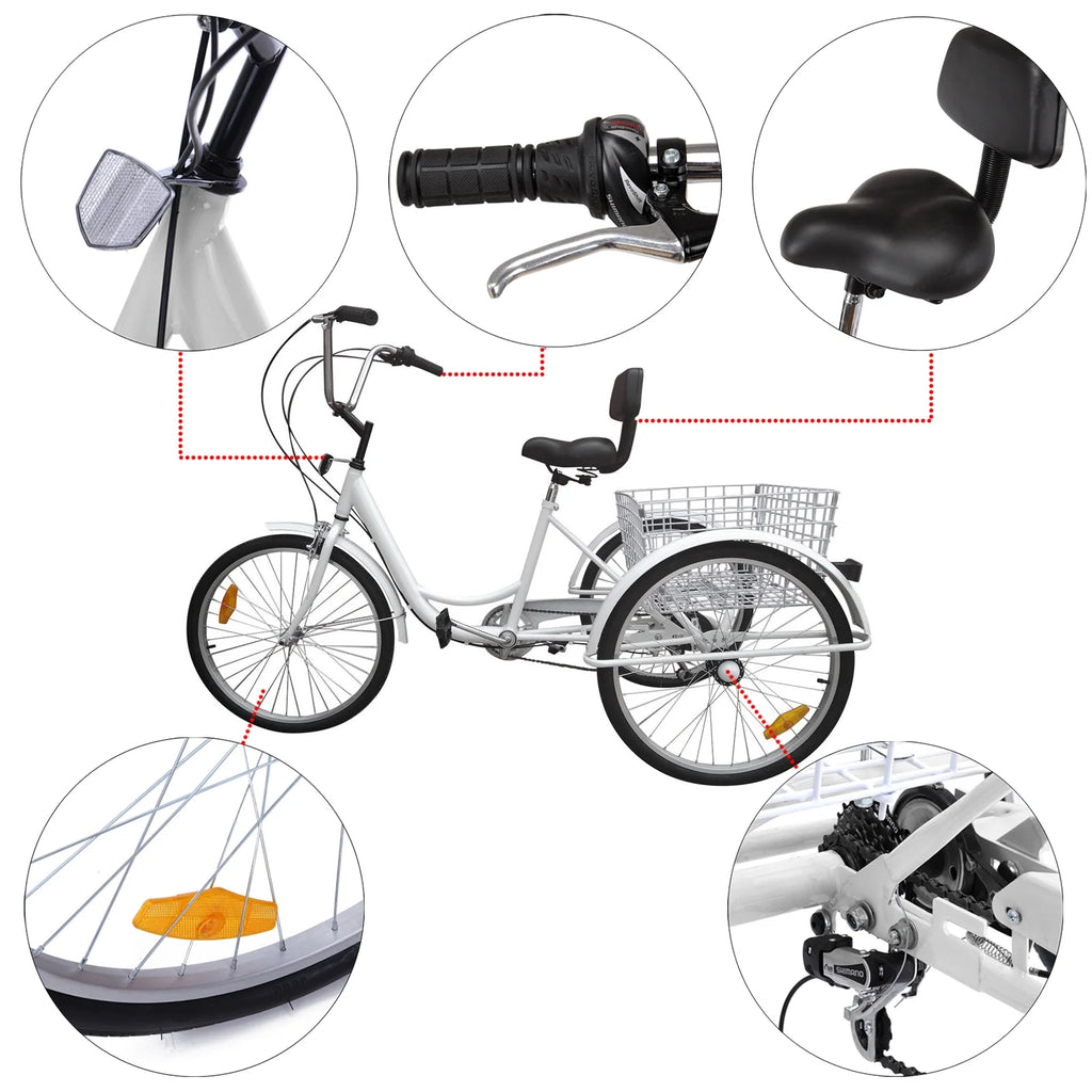 24" 7-Speed 3-Wheel Tricycle with Basket White M394