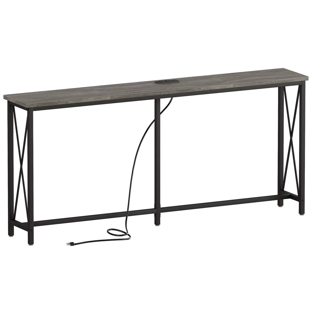 70 inch Console Table with Power Outlets Metal Frame Gray E95410
