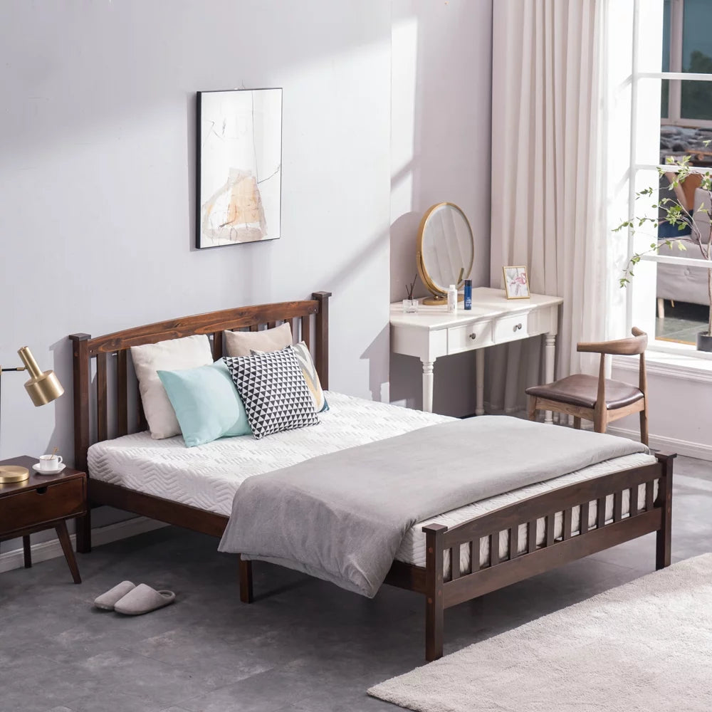Walnut Wood Full Platform Bed Frame with Headboard and Footboard T6613
