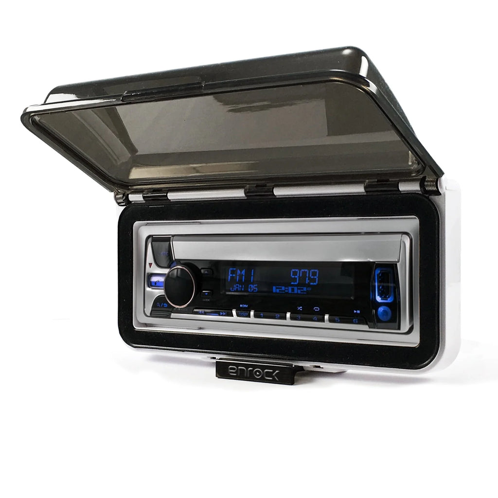 Single DIN Marine Bluetooth USB AUX LED AM/FM Radio Stereo Receiver with Dash Protector and Antenna H26398