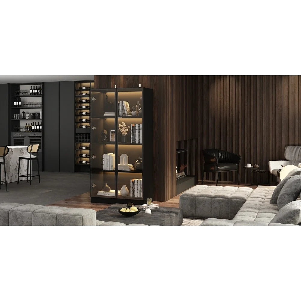 Black Wood Glass Display Cabinet with 4 Shelves F626016