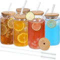 6 Pc 16 oz Glass Cups with Bamboo Lids and Glass Straws T3345