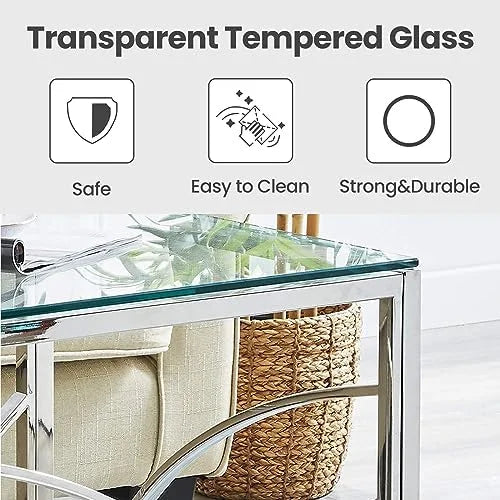 Glass End Table Set of 1 Square Tempered Glass Stainless Steel Side Table T8330