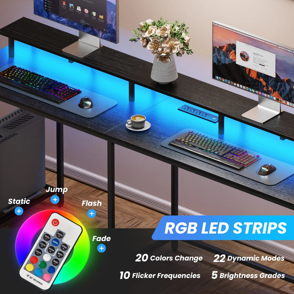 Black L Shaped Desk with Outlets USB Ports and Storage Shelves Y24022