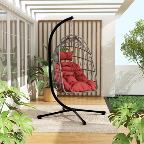 Foldable Hanging Egg Chair with Stand, HDPE Rattan and Aluminum-Steel Frame, 350 Lbs Capacity, Beige M628801