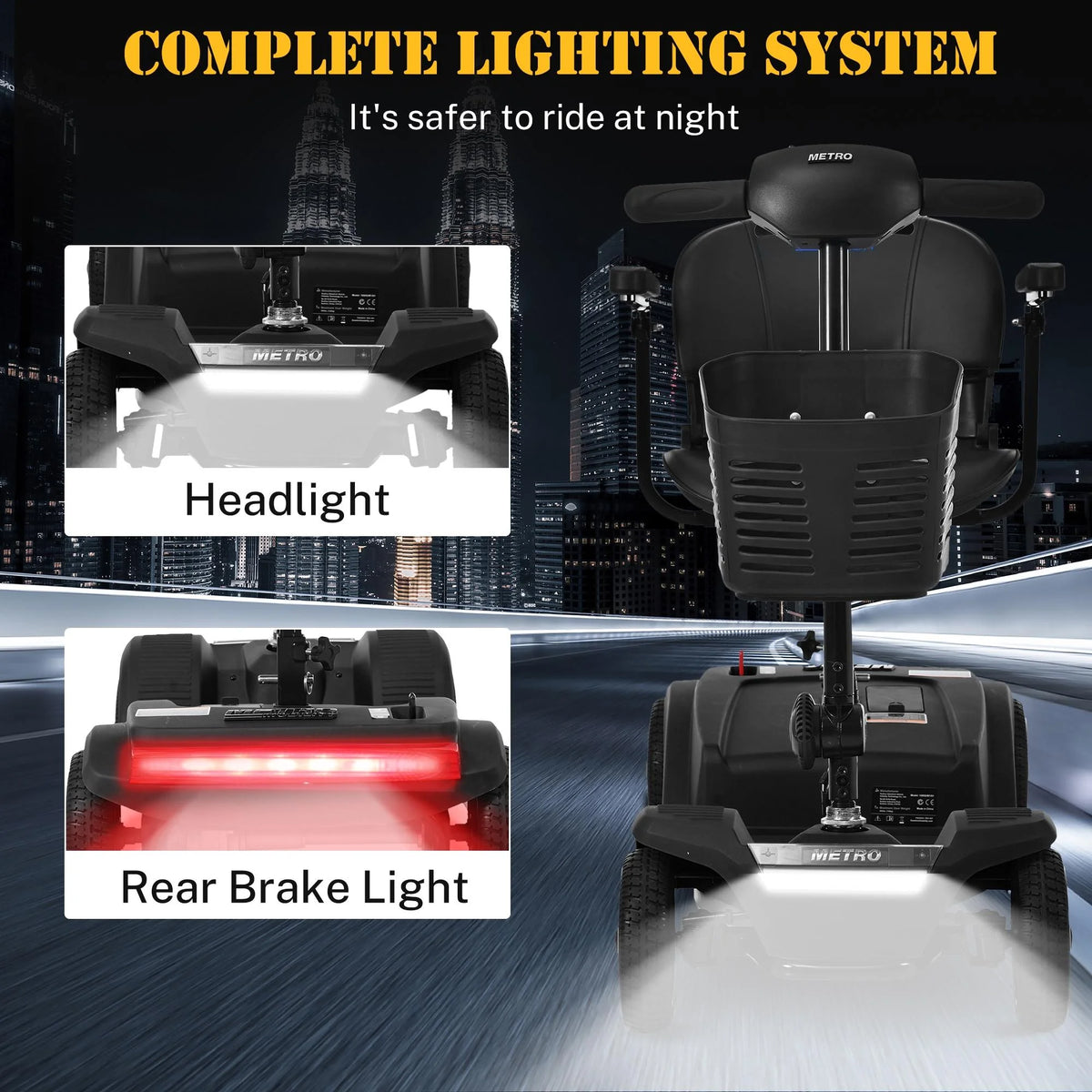Heavy Duty 4-Wheel Mobility Scooter with Front & Rear Light, Black H948