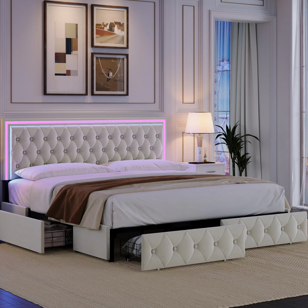 Queen LED Platform Bed Frame with 4 Storage Drawers L43419