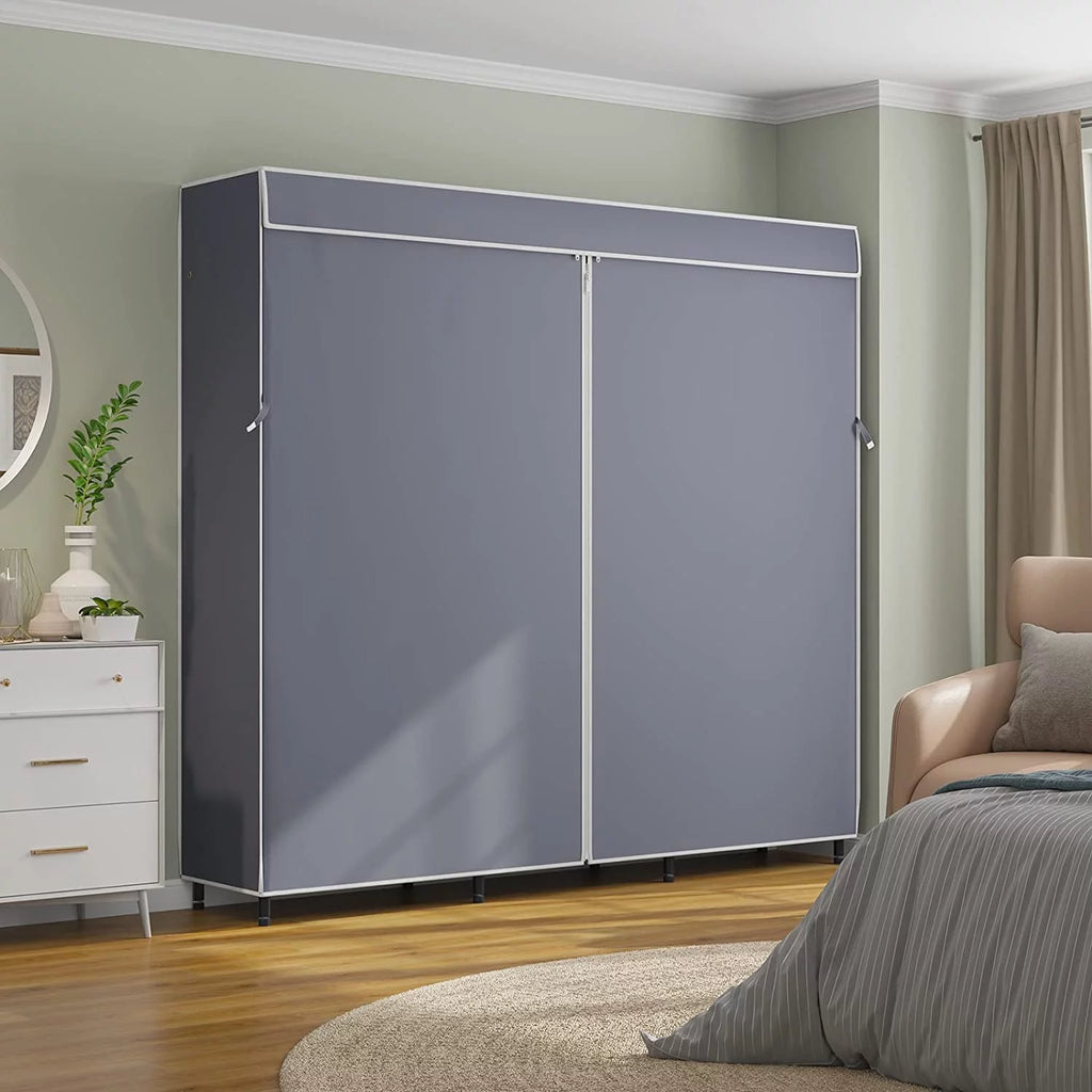 Black Covered Clothes Rack Portable Wardrobe with Grey Oxford Fabric Cover N202527