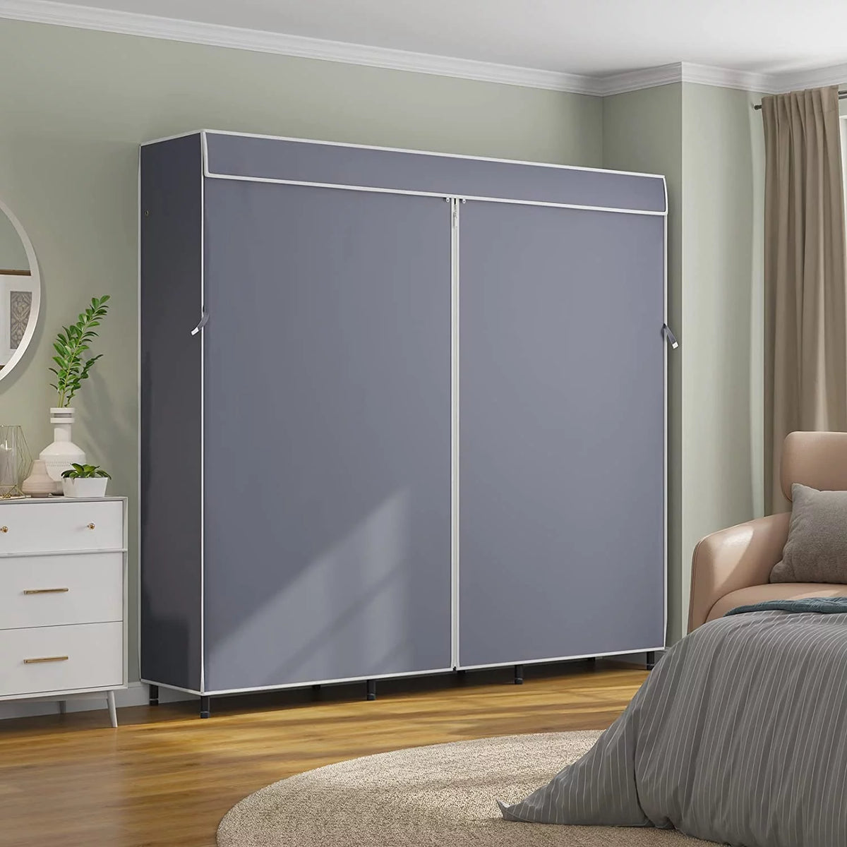 Black Covered Clothes Rack Portable Wardrobe with Grey Oxford Fabric Cover N202527
