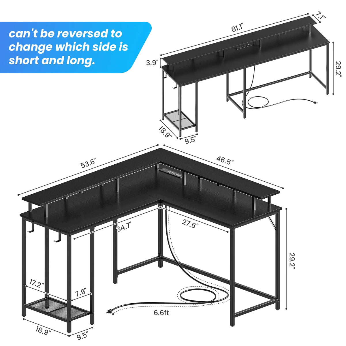 Black L Shaped Desk with Outlets USB Ports and Storage Shelves Y24022