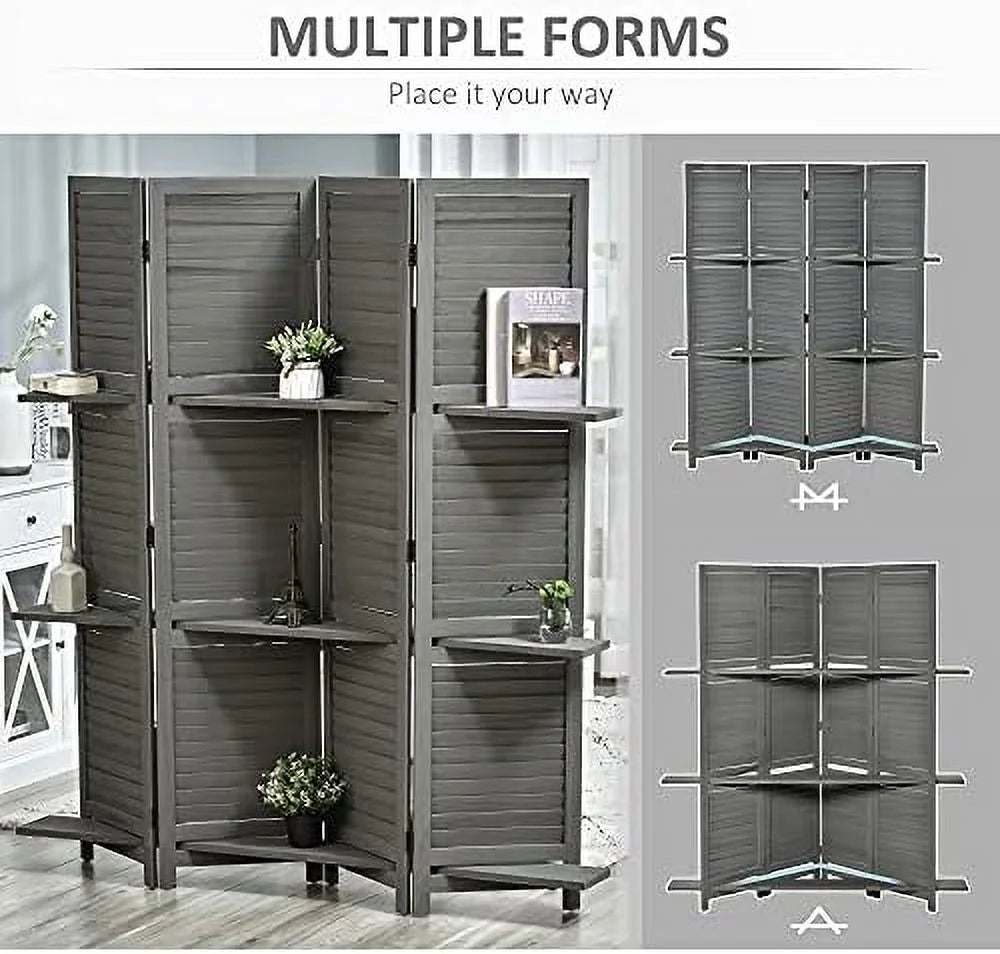 4 Panel Wood Privacy Screen Room Divider with Shelves H755015