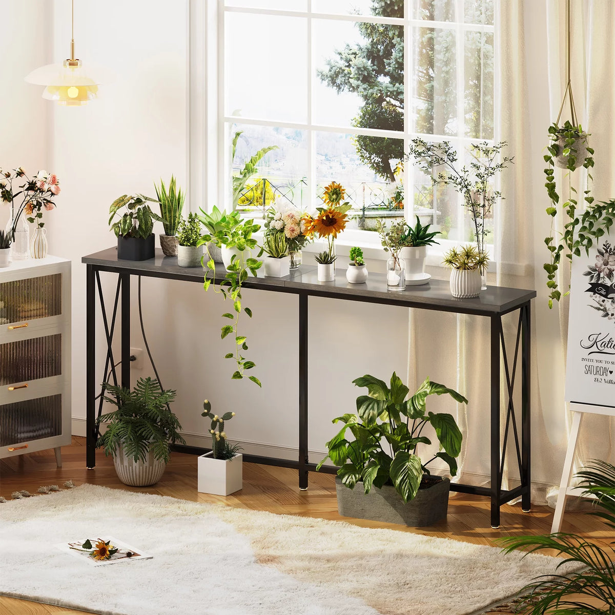 70 inch Console Table with Power Outlets Metal Frame Gray E95410