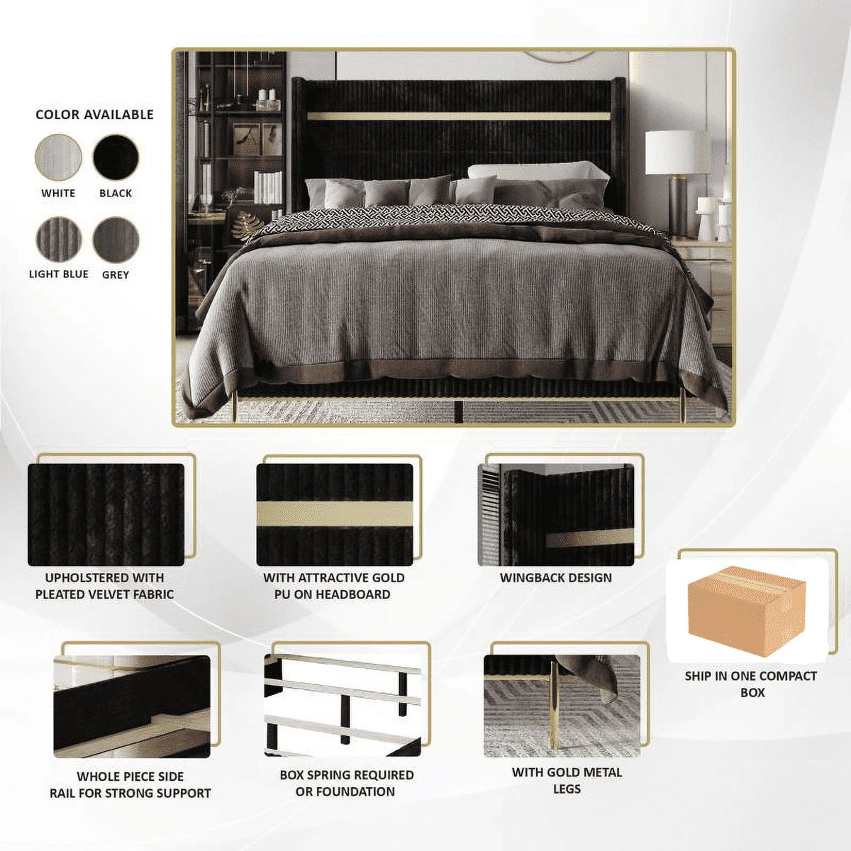 Gold PU Strip Wingback Velvet Upholstered Bed Black, Full U7443
