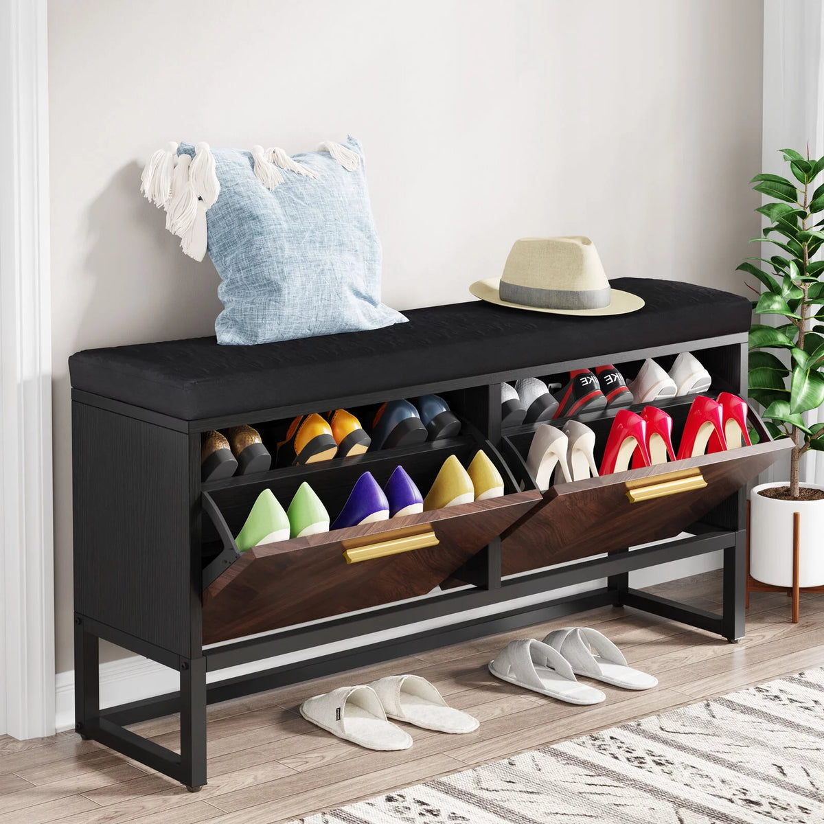 Shoe Storage Bench with Cushion & 2 Flip Drawers H9782
