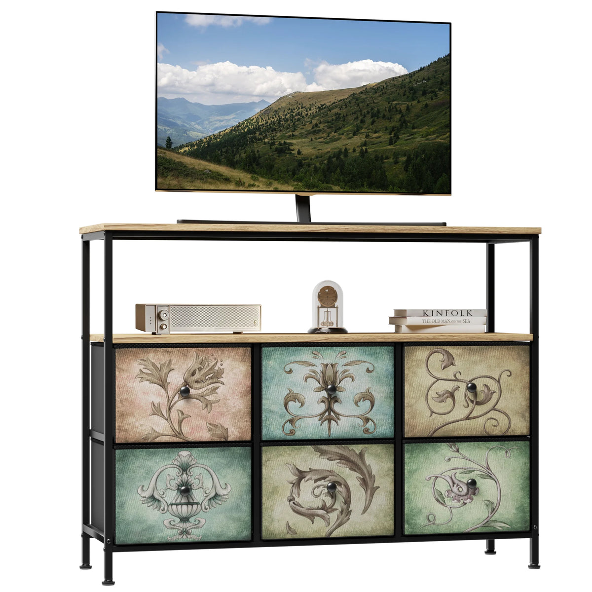 9 Drawer Dresser with Steel Frame Wooden Top J365