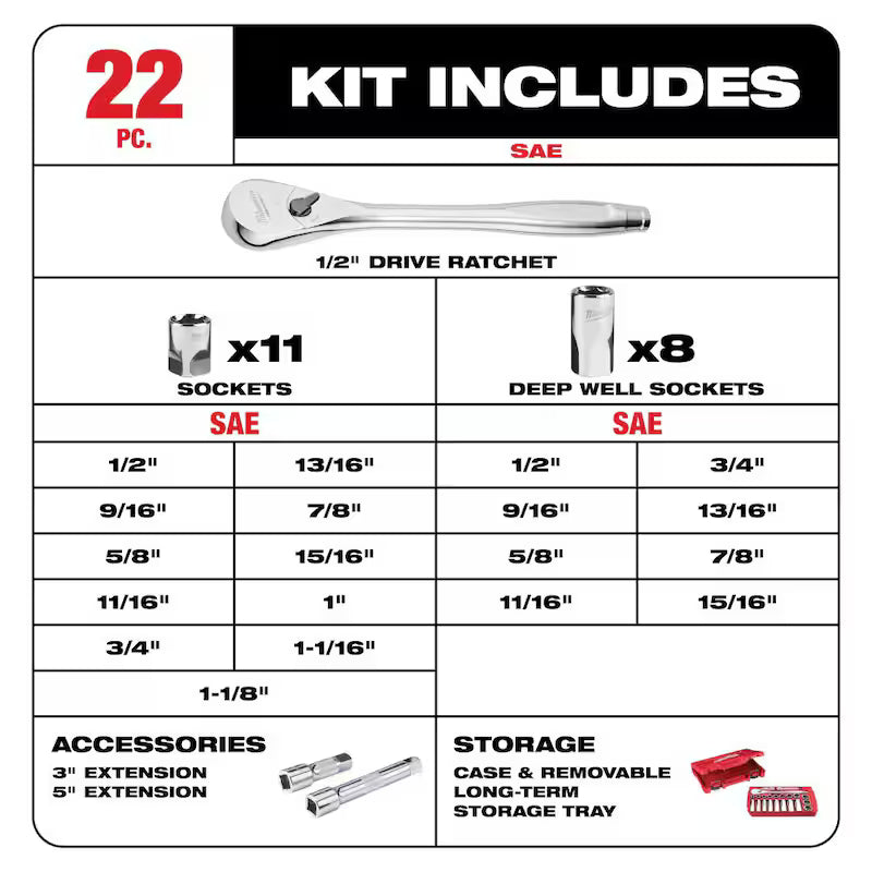 1/2 in. Drive SAE Ratchet and Socket Mechanics Tool Set (22-Piece) U432