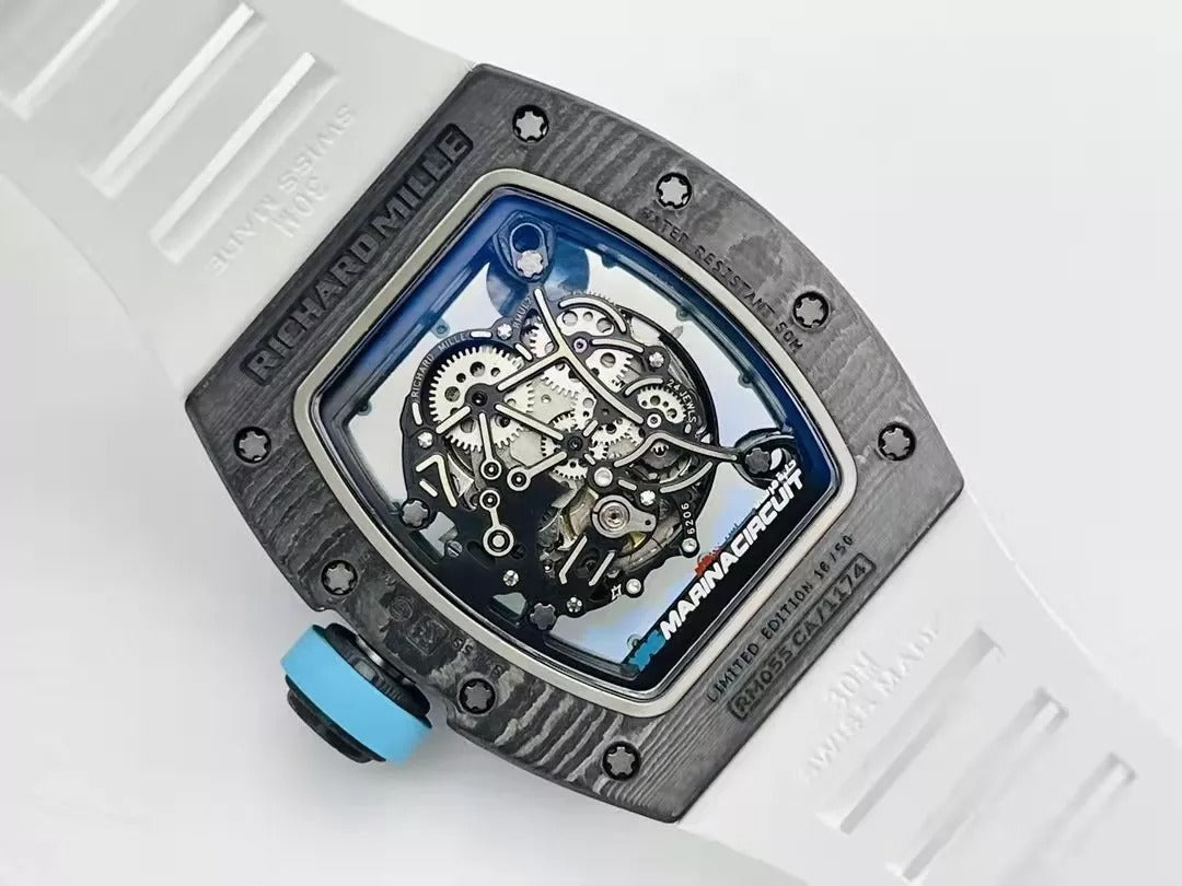Skeleton Blue Dial Black Bezel White Rubber Strap W916