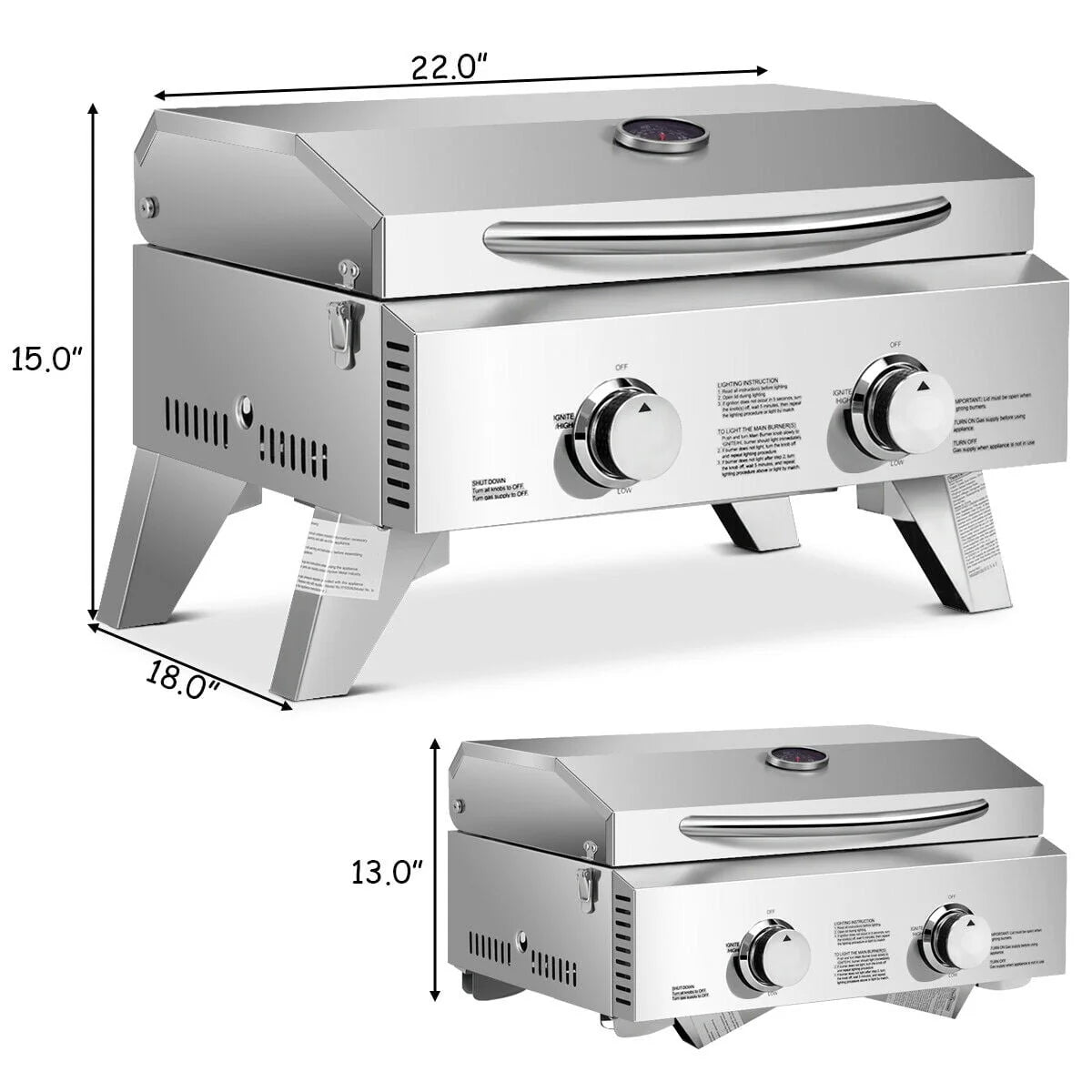 2 Burner Portable Propane Gas Grill Stainless Steel D500