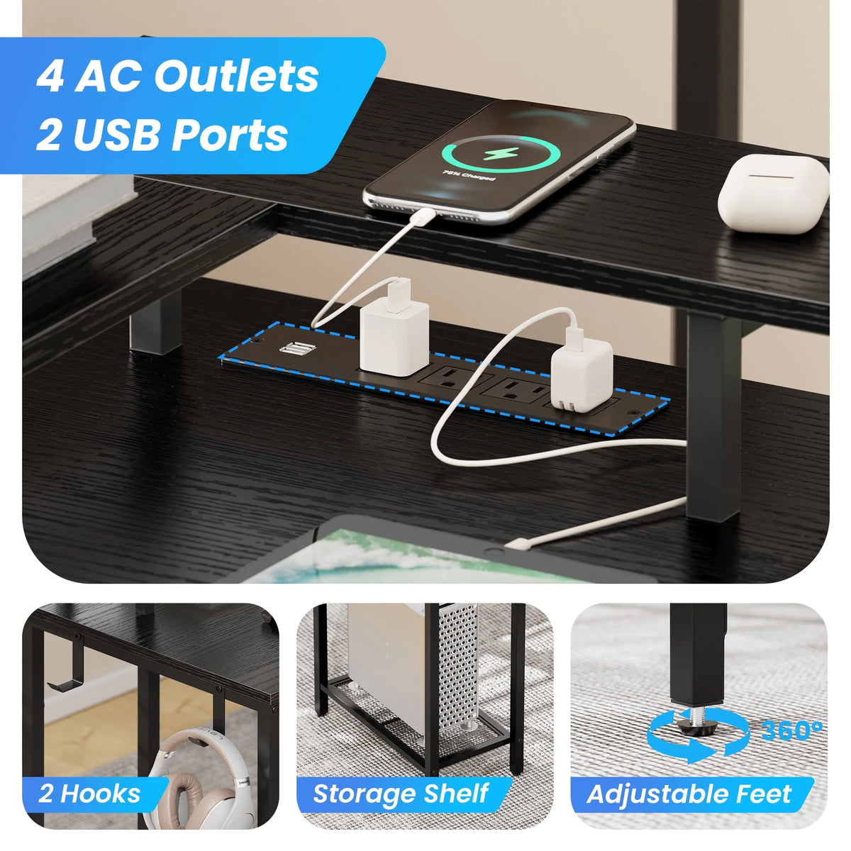 Black L Shaped Desk with Outlets USB Ports and Storage Shelves Y24022