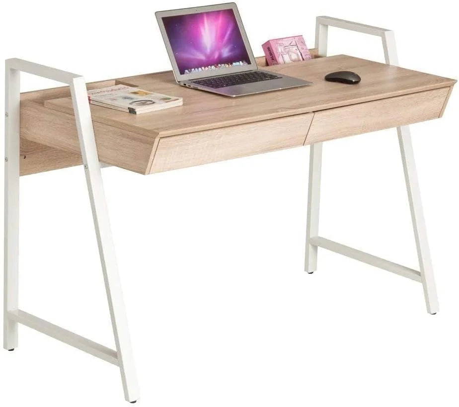 White Wood Computer Desk with Monitor Shelf and Drawers O578
