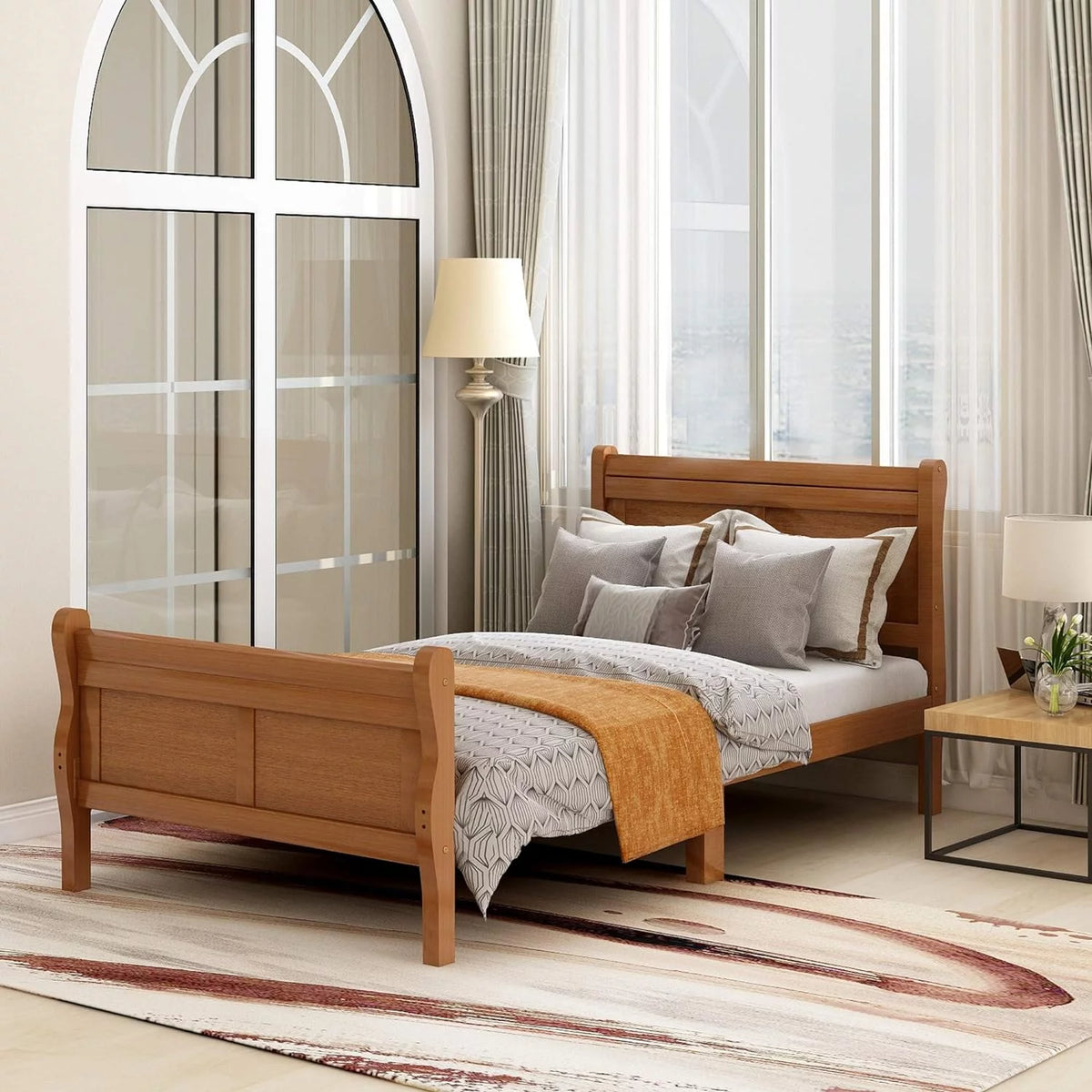 Oak Wood Sleigh Bed with Headboard and Footboard S1080