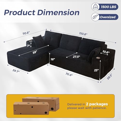 110" Modular Sectional Couch with L-Shape Chaise Black C6125